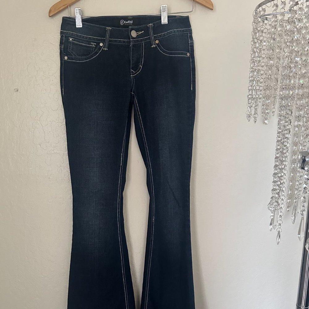 Rewash Women's Denim Dark Wash Embroidery Pockets Bootcut Leg Size 1